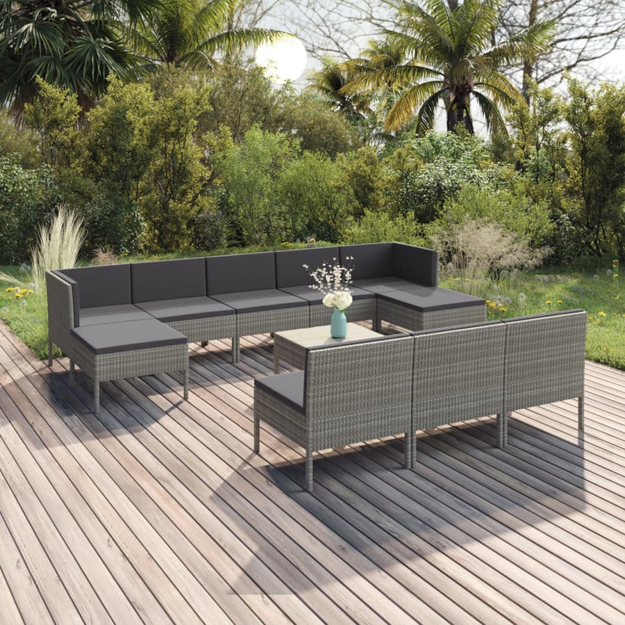 -Delige Loungeset Met Kussens Poly Rattan Grijs 2x hoek + 6x midden + 2x voetensteun + Tafel