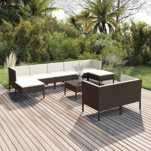 0-Delige Loungeset Met Kussens Poly Rattan Bruin 4x hoek + 3x midden + 2x voetensteun + Tafel