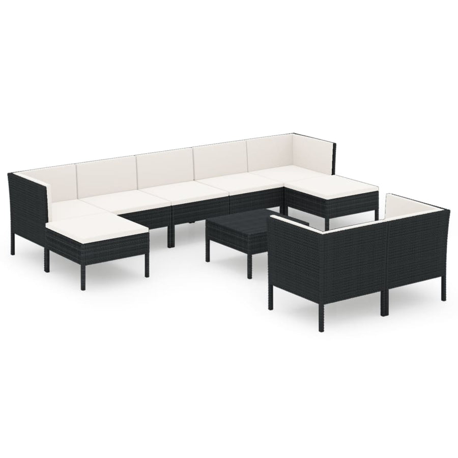 0-Delige Loungeset Met Kussens Poly Rattan Zwart 4x hoek + 3x midden + 2x voetensteun + Tafel