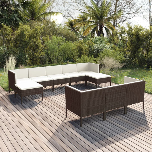 0-Delige Loungeset Met Kussens Poly Rattan Bruin 4x hoek + 4x midden + 2x voetensteun