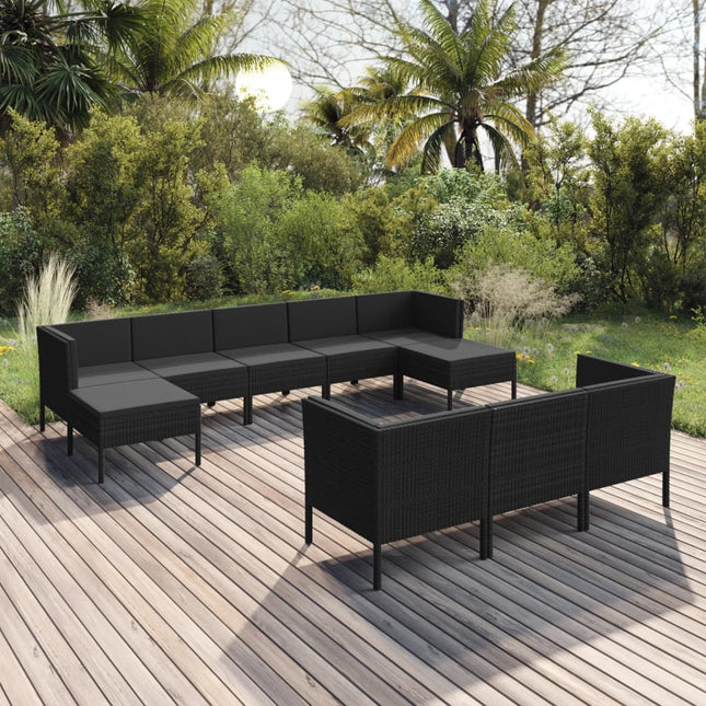 0-Delige Loungeset Met Kussens Poly Rattan Zwart 4x hoek + 4x midden + 2x voetensteun