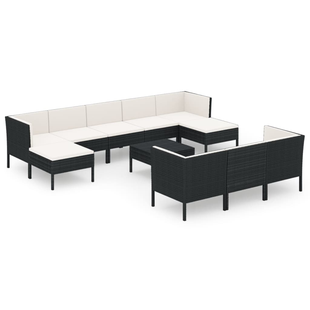 -Delige Loungeset Met Kussens Poly Rattan Zwart 4x hoek + 4x midden + 2x voetensteun + Tafel
