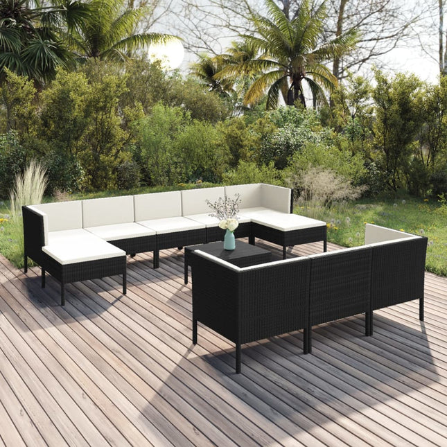 -Delige Loungeset Met Kussens Poly Rattan Zwart 4x hoek + 4x midden + 2x voetensteun + Tafel