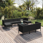 -Delige Loungeset Met Kussens Poly Rattan Zwart 4x hoek + 4x midden + 2x voetensteun + Tafel