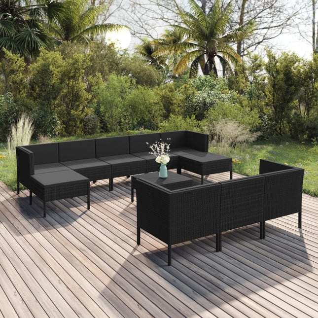 -Delige Loungeset Met Kussens Poly Rattan Zwart 4x hoek + 4x midden + 2x voetensteun + Tafel