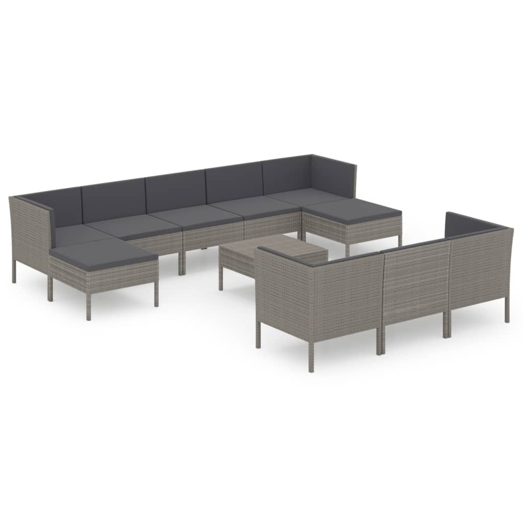 -Delige Loungeset Met Kussens Poly Rattan Grijs 4x hoek + 4x midden + 2x voetensteun + Tafel