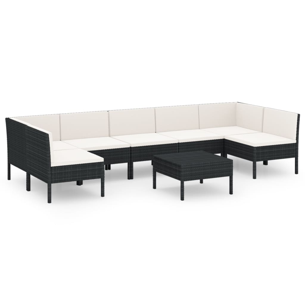 8-delige Loungeset met kussens poly rattan zwart