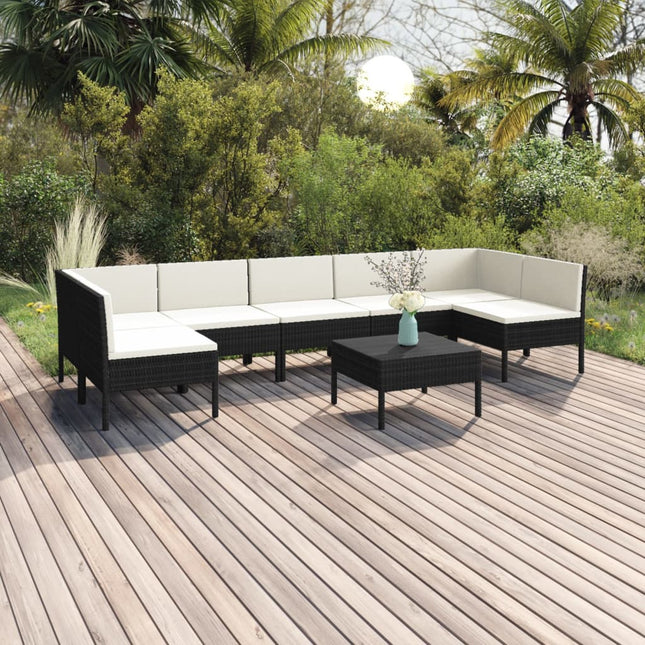 8-Delige Loungeset Met Kussens Poly Rattan Zwart 2x hoek + 5x midden + Tafel