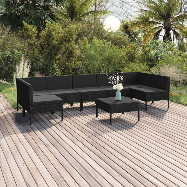 8-Delige Loungeset Met Kussens Poly Rattan Zwart 2x hoek + 5x midden + Tafel