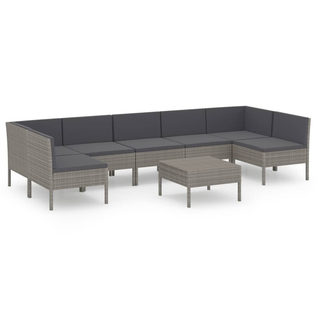 8-Delige Loungeset Met Kussens Poly Rattan Grijs 2x hoek + 5x midden + Tafel