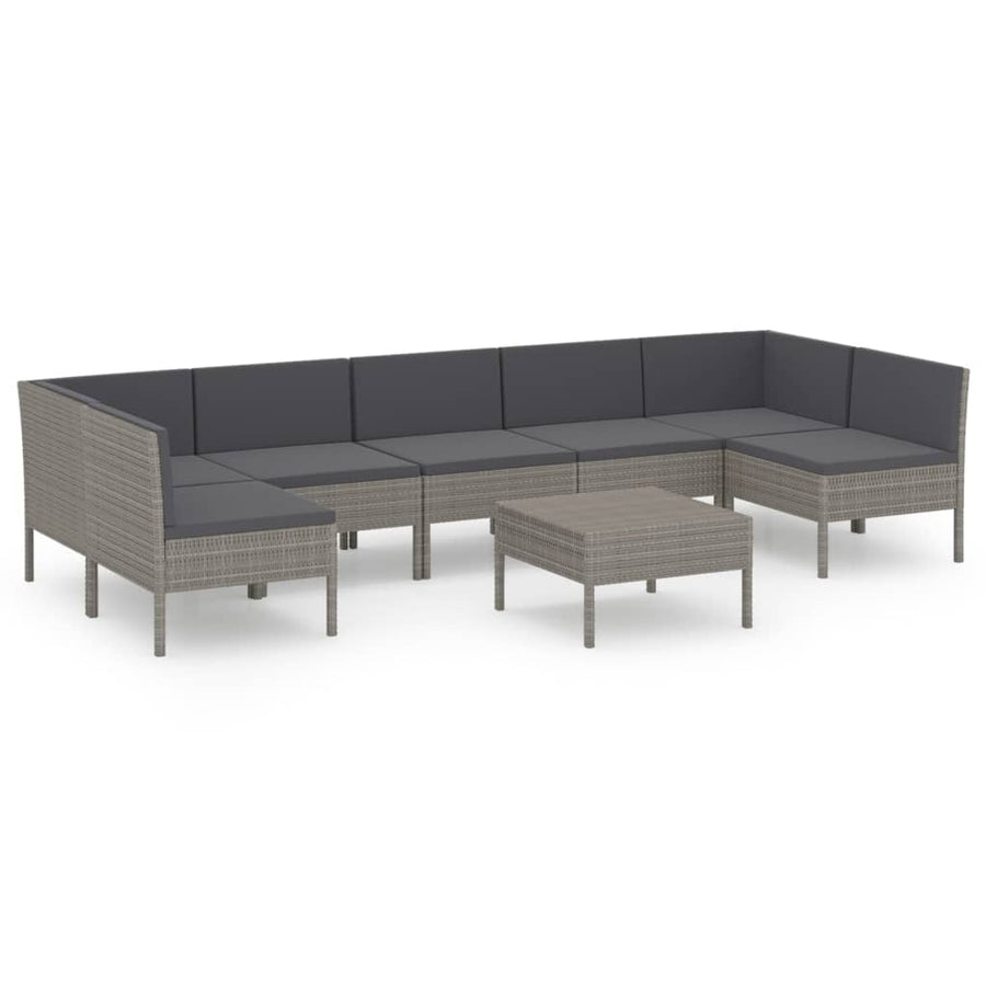8-Delige Loungeset Met Kussens Poly Rattan Grijs 2x hoek + 5x midden + Tafel