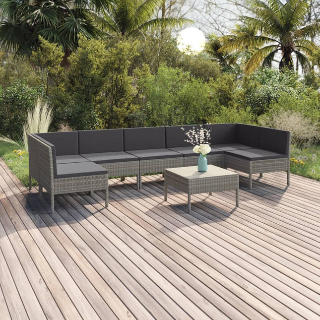 8-Delige Loungeset Met Kussens Poly Rattan Grijs 2x hoek + 5x midden + Tafel