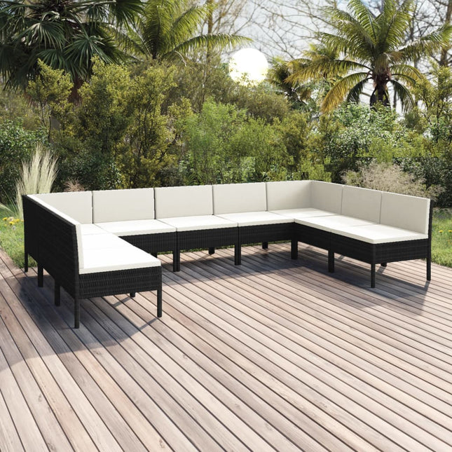 9-Delige Loungeset Met Kussens Poly Rattan Zwart 7x midden + 2x hoek