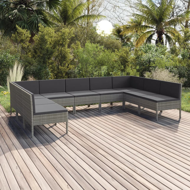 9-Delige Loungeset Met Kussens Poly Rattan Grijs 7x midden + 2x hoek