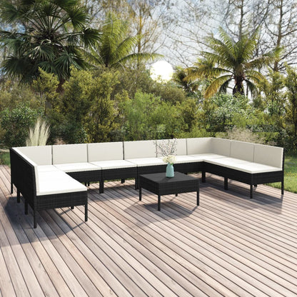 11-delige Loungeset met kussens poly rattan zwart