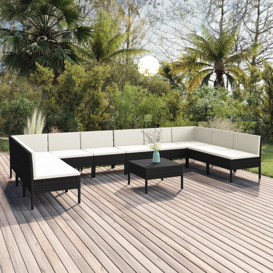 11-delige Loungeset met kussens poly rattan zwart