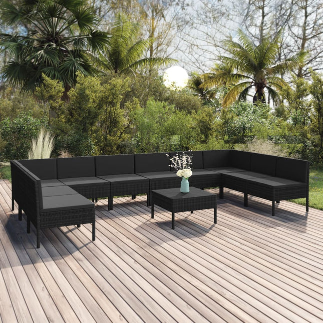 -Delige Loungeset Met Kussens Poly Rattan Zwart 2x hoek + 8x midden + Tafel