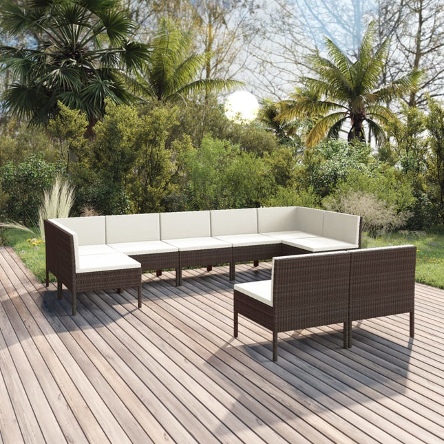 9-Delige Loungeset Met Kussens Poly Rattan Bruin 2x hoek + 7x midden