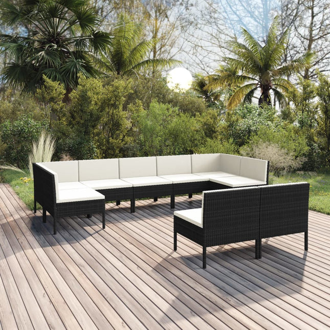 9-Delige Loungeset Met Kussens Poly Rattan Zwart 2x hoek + 7x midden