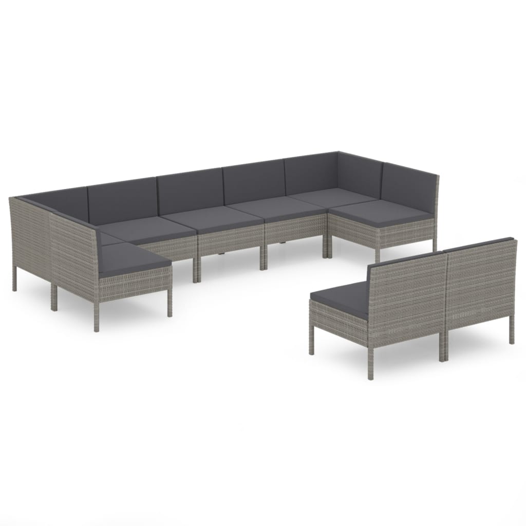 9-Delige Loungeset Met Kussens Poly Rattan Grijs 2x hoek + 7x midden