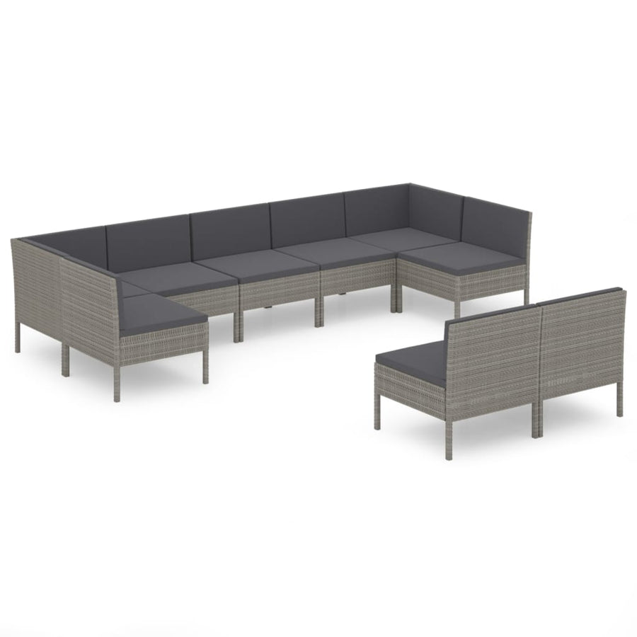 9-Delige Loungeset Met Kussens Poly Rattan Grijs 2x hoek + 7x midden