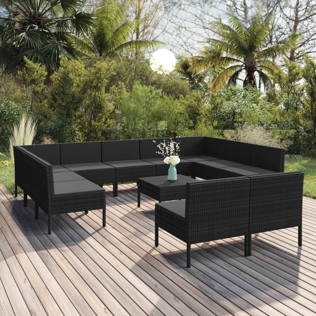 2-Delige Loungeset Met Kussens Poly Rattan Zwart 2x hoek + 9x midden + Tafel