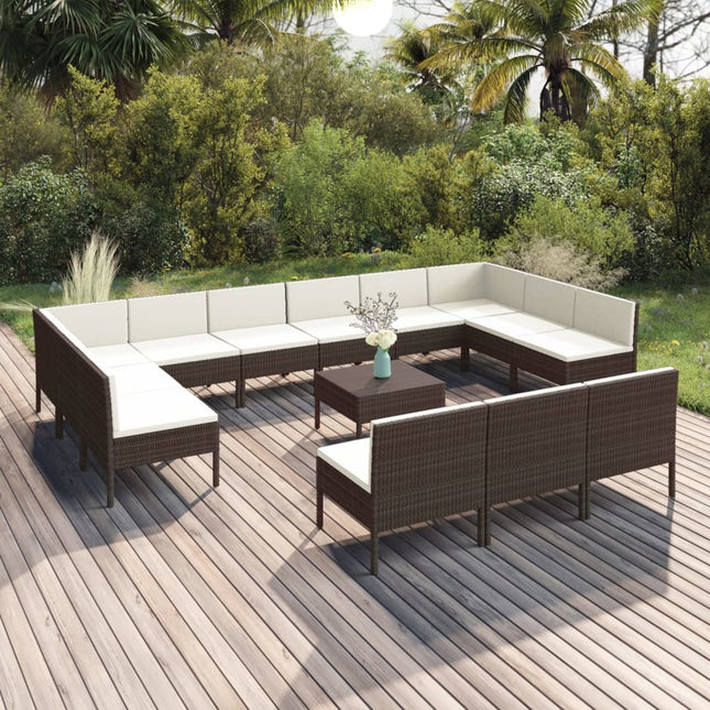 4-Delige Loungeset Met Kussens Poly Rattan Bruin 2x hoek + 11x midden + Tafel