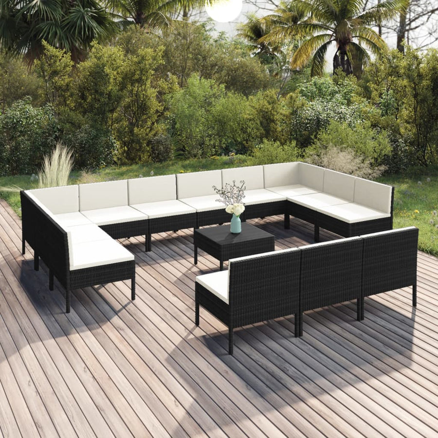14-delige Loungeset met kussens poly rattan zwart