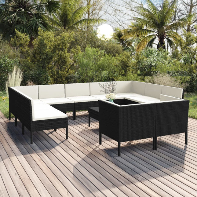 2-Delige Loungeset Met Kussens Poly Rattan Zwart 4x hoek + 7x midden + Tafel