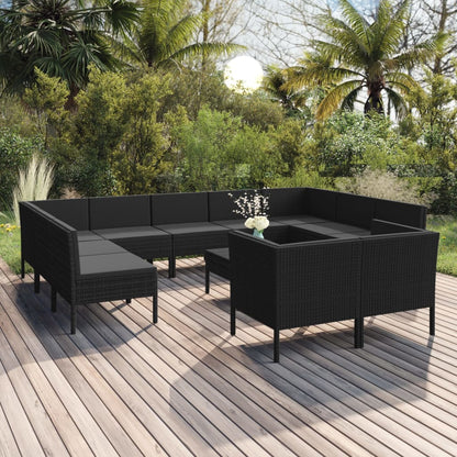 12-Delige Loungeset Met Kussens Poly Rattan Zwart 1