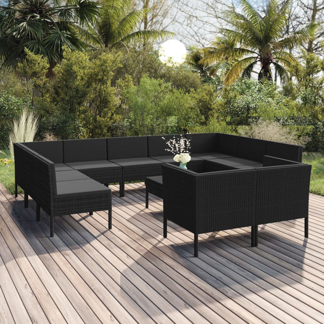 2-Delige Loungeset Met Kussens Poly Rattan Zwart 4x hoek + 7x midden + Tafel