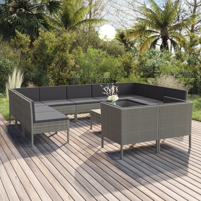 2-Delige Loungeset Met Kussens Poly Rattan Grijs 4x hoek + 7x midden + Tafel