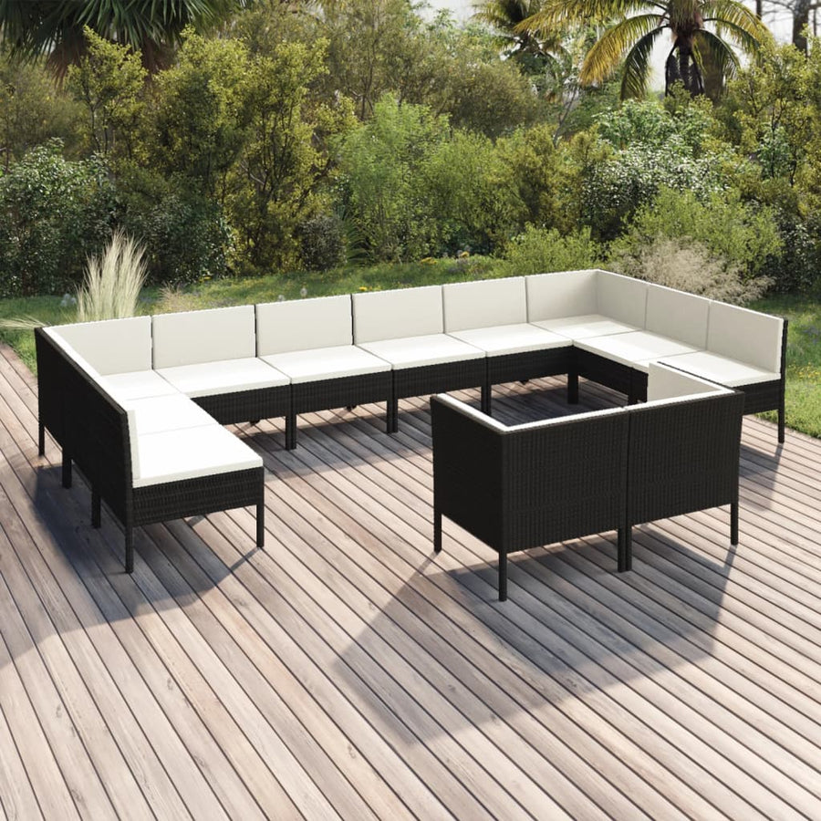 12-delige Loungeset met kussens poly rattan zwart