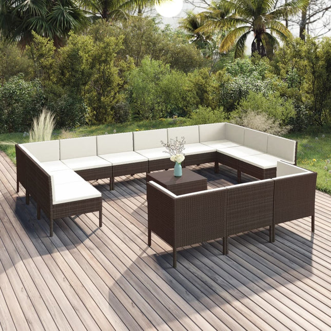 4-Delige Loungeset Met Kussens Poly Rattan Bruin 4x hoek + 9x midden + Tafel