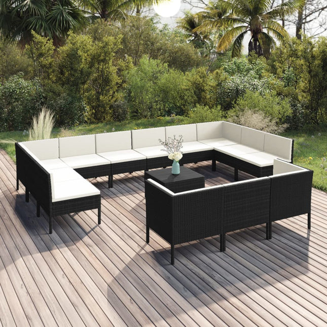 4-Delige Loungeset Met Kussens Poly Rattan Zwart 4x hoek + 9x midden + Tafel