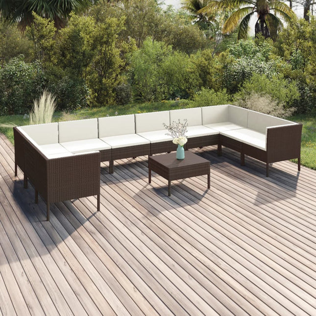 -Delige Loungeset Met Kussens Poly Rattan Bruin 4x hoek + 6x midden + voetensteun