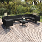 -Delige Loungeset Met Kussens Poly Rattan Zwart 4x hoek + 6x midden + voetensteun