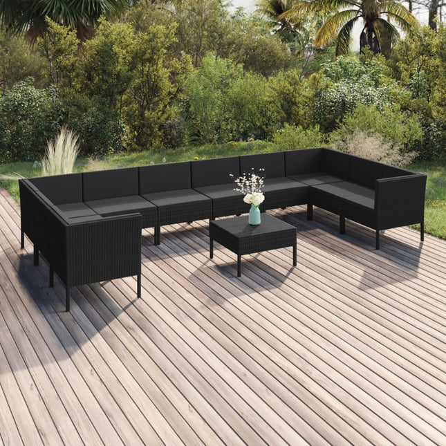 -Delige Loungeset Met Kussens Poly Rattan Zwart 4x hoek + 6x midden + voetensteun