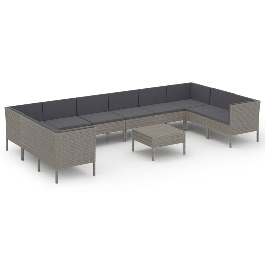 -Delige Loungeset Met Kussens Poly Rattan Grijs 4x hoek + 6x midden + voetensteun