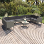 -Delige Loungeset Met Kussens Poly Rattan Grijs 4x hoek + 6x midden + voetensteun