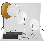Photo studio set with lighting kit, background, and reflector