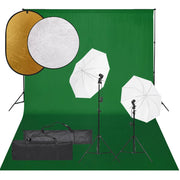 Photo studio set with lighting kit, background, and reflector
