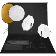 Photo studio set with lighting kit, background, and reflector