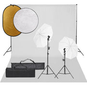 Photo studio set with lighting kit, background, and reflector