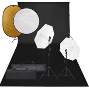 Photo studio set with lighting kit, background, and reflector