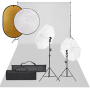 Photo studio set with lighting kit, background, and reflector