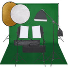Photo studio set with lighting kit, background, and reflector