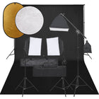 Photo studio set with lighting kit, background, and reflector