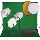 Photo studio set with lighting kit, background, and reflector