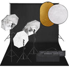 Photo studio set with lighting kit, background, and reflector